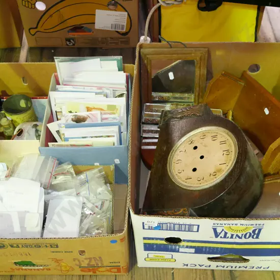 2x boxes; small mirror, mantle clock case, greeting cards, vintage bottles, engraver's shields, plates etc