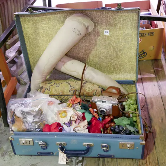 vintage suitcase; 35mm camera, faux grapes, bows, ribbons etc