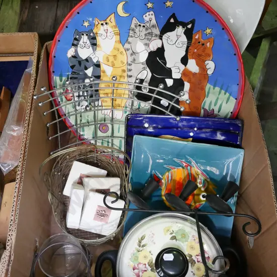 box; large hand painted  cat themed bowl, metal fruit bowl, lidded pot etc