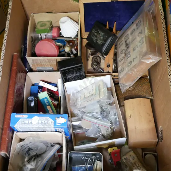 box; casters, Meccano, old fuse wire etc