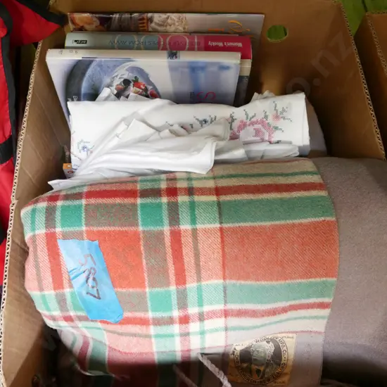 box; hand worked linen, books, Kaiapoi Mills travel rug etc