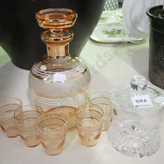 cut crystal honey pot, small decanter set - missing 1 glass