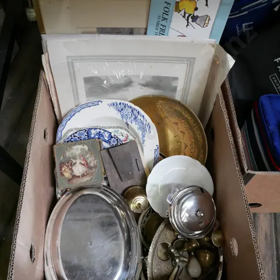 box; brass ware, plated ware, framed and unframed prints etc