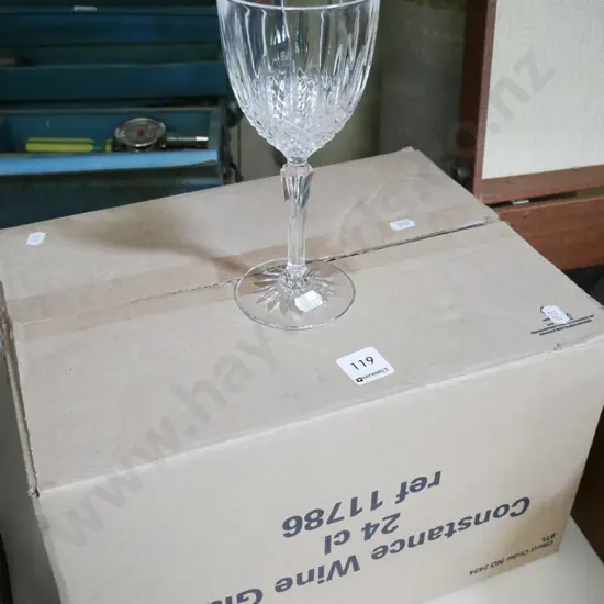 box; stemmed wine glasses