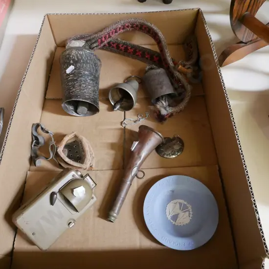 cow bells, Jasperware dish, signaller's torch etc