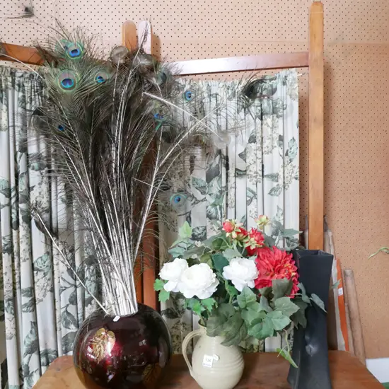 2x vases, jug, faux, flowers, peacock feathers