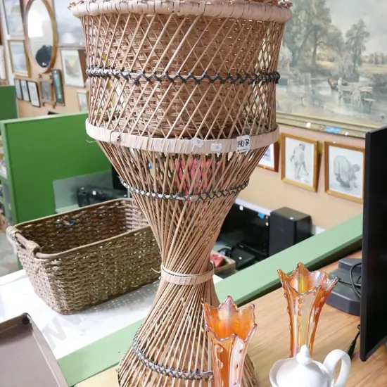 cane wast basket and plant stand