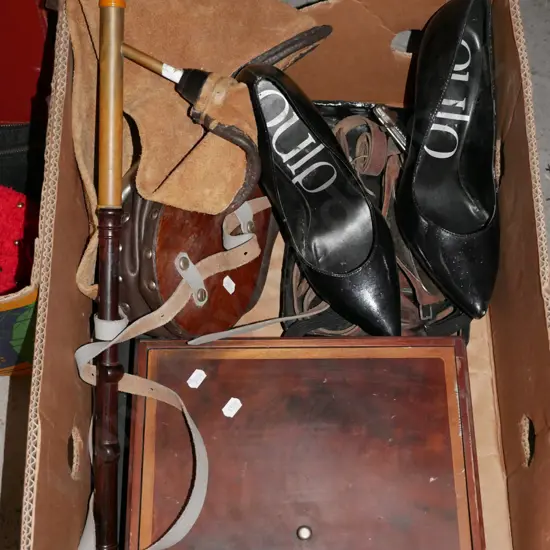 box; part bagpipes, shoes, box of balls etc