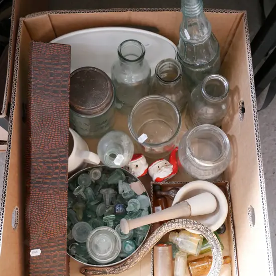 box; vintage bottles, glass stoppers, mortar and pestle etc