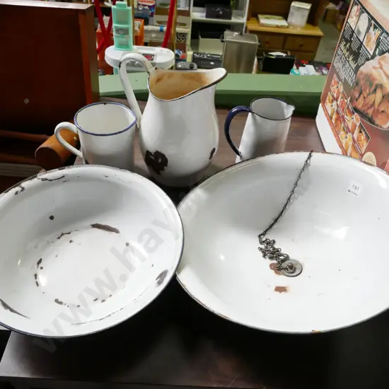 enamel bowls, jugs, wash basin with plug
