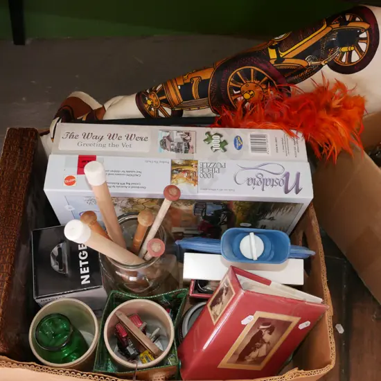 box; 1970s vintage car fabric, puzzles etc