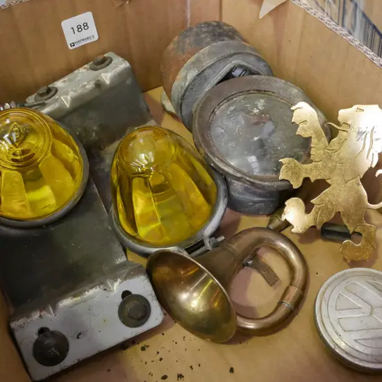 box of allsorts; vintage lights, speedometer badge etc
