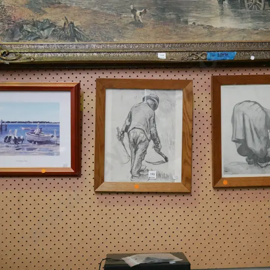 3x framed prints - pelicans, peasants - orange dots