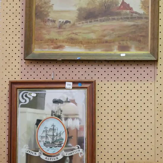 Club Master advertising mirror, framed oil - farmhouse - blue dots