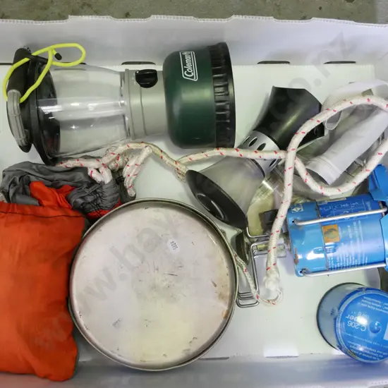 box; camping supplies, gas bottle, burner, light, frying pan etc