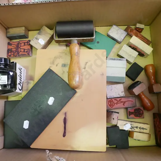 box; stamp pads, roller, various stamps