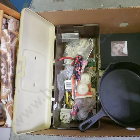 box; knitting bag, cast iron frying, notebook etc