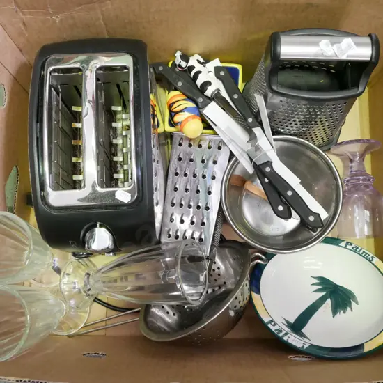 box; kitchen items, toaster, bowls, glasses etc
