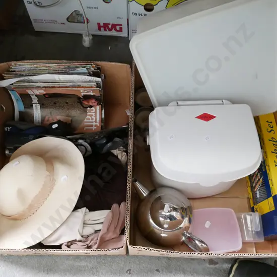 2x boxes; small chilly bin, Tupperware container, ladies gloves, hats etc - orange dots