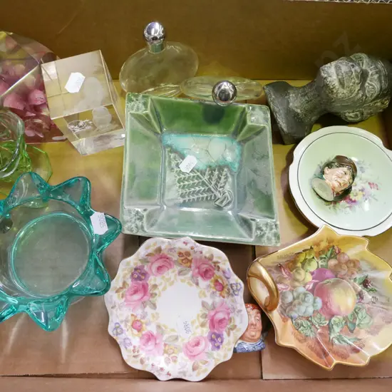 box; ashtrays, paperweights, leaf dish etc