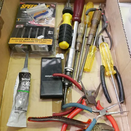 box; pliers screwdrivers, drill drivers etc
