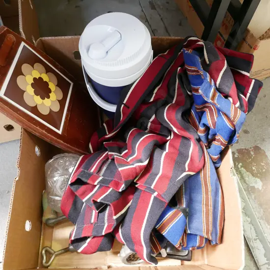 box; drink bottle, striped blazers, bench top micer etc