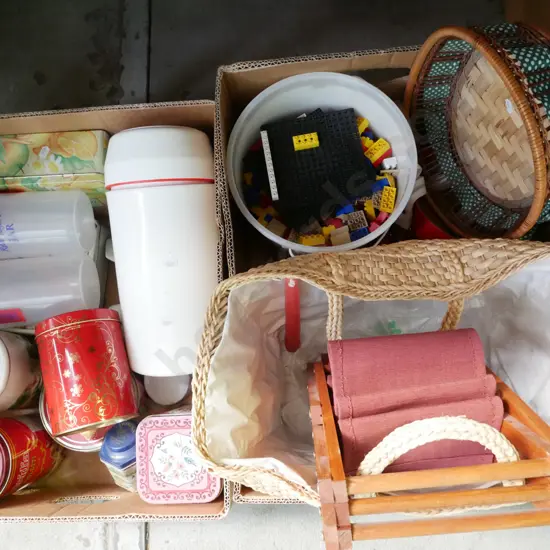 2x boxes; basket,Toro building blocks, storage tins, yoghurt maker  etc - yellow dots