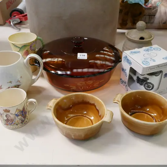 lidded glass vege, Meakin jugs, soup bowls, coffee cup etc