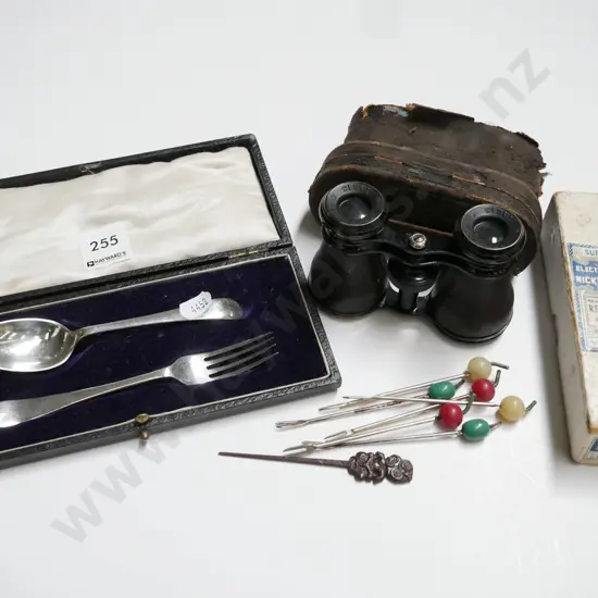 cased plated spoon and fork, vintage binoculars, cocktail sticks
