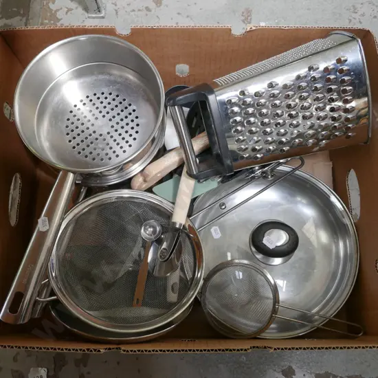box of kitchen allsorts; pots, grates, utensils etc