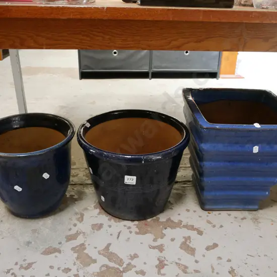 3x blue glazed garden planters H-280