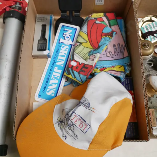 box; Return of the Jedi cap, Superman tea towels, watch, phone stand etc
