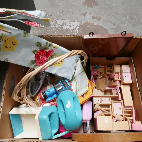 box; toys, dollshouse furniture, carry bag, toy vehicles etc