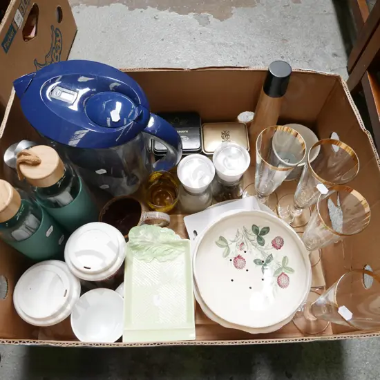 box; glasses, water jug, drink bottles, strainer  etc
