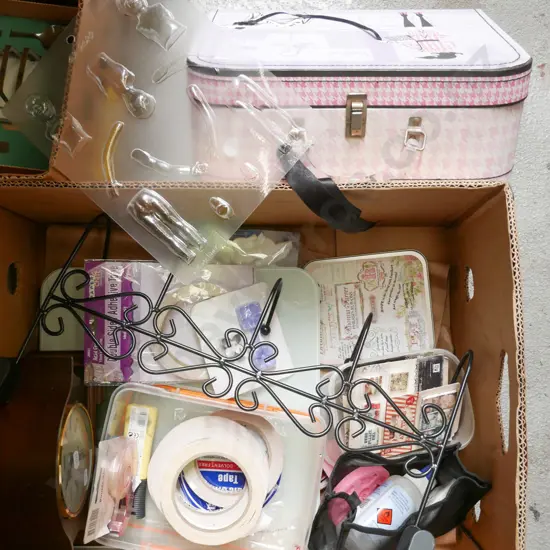 box; mantle clock, rolls of tape, crafter's tiles etc