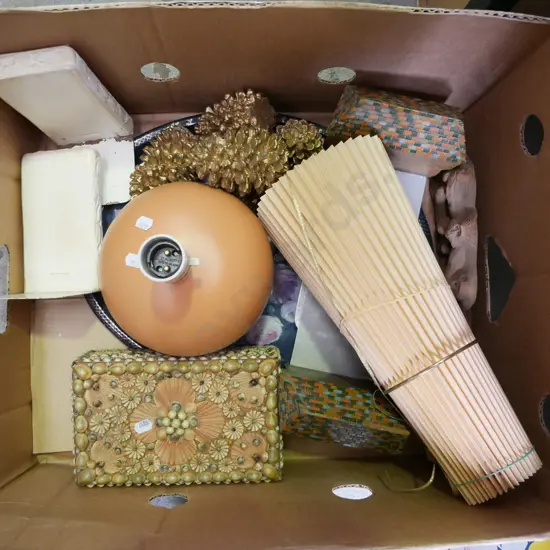 box; lamp base, gold painted pine cones, shell decorated box etc