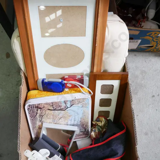 box; cushion, photo frames, candles, cake tin etc