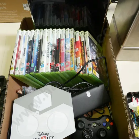 box; X-box 360 with games, controllers and accessories