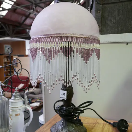 reproduction art nouveau table lamp wth pink shade and lustres