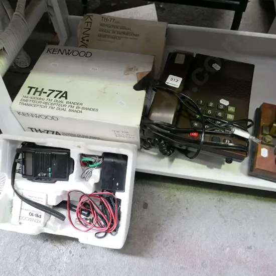 shelf; Kenwood dual band radio, push button phone, morse key