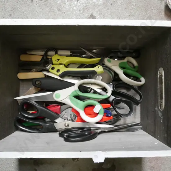 box; various scissors and cutlery