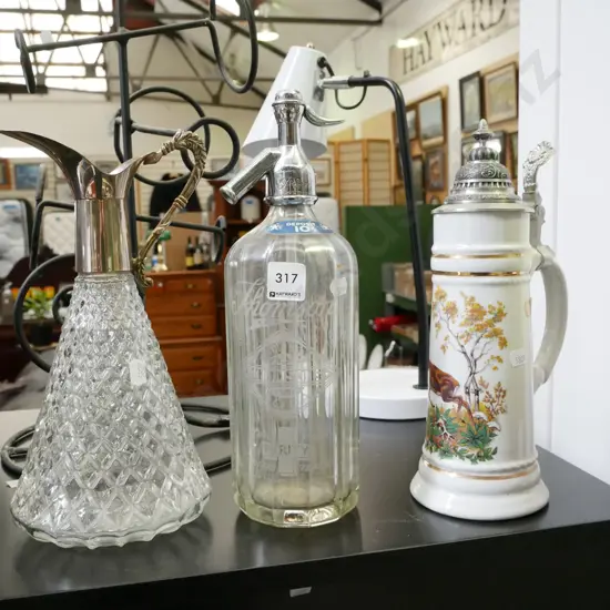 German beer stein, soda syphon, claret jug - no lid