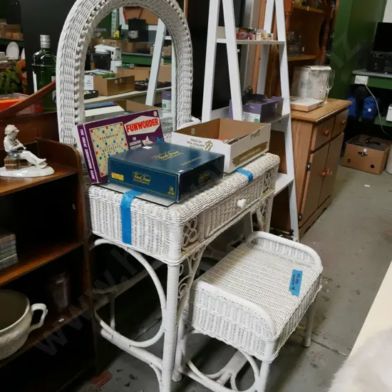 woven cane single drawer mirror back dresser with matching stool