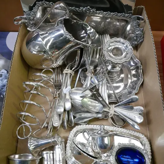 box; plated ware and cutlery