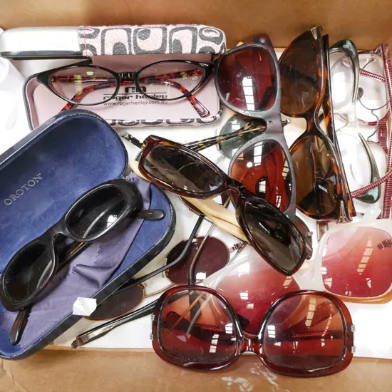 box of assorted sunglasses & reading glasses