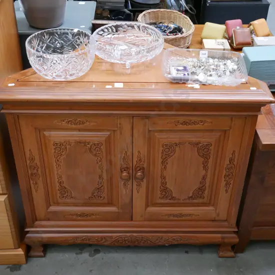 Indonesian hardwood 2 door corner cupboard H-730 W-920 D-510, chip to one of the top corners