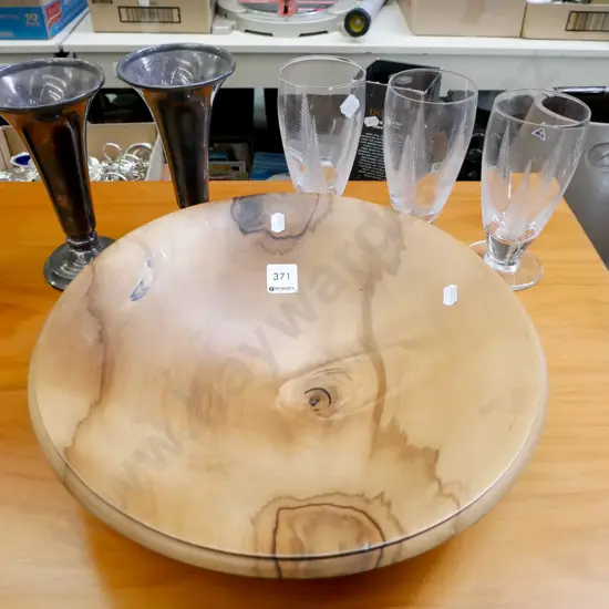 turned wood bowl, 3 etched glasses, 2 heavy plated vases H-180