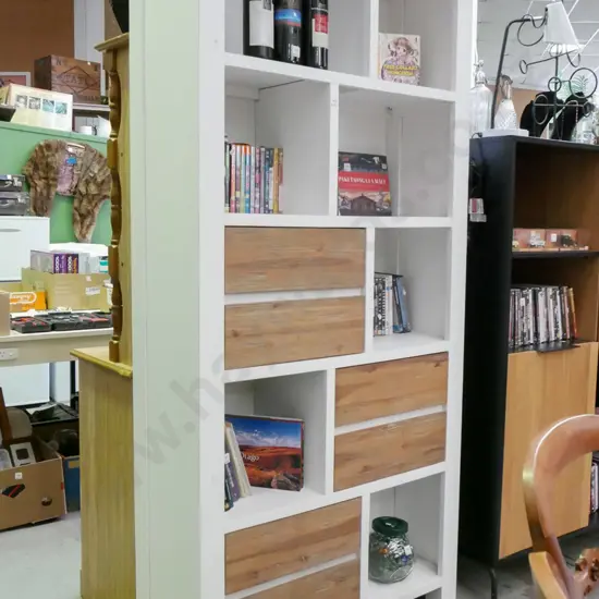 white painted bookcase with 6 brown wooden drawers H-200 W-940 D-350