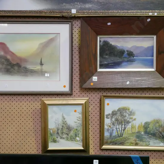 2 x framed watercolours, framed pastel & framed oil (landscapes some foxing) orange dots