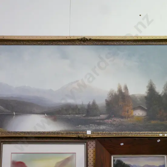 large framed oil - lake & mountain scene H-660 W-1240